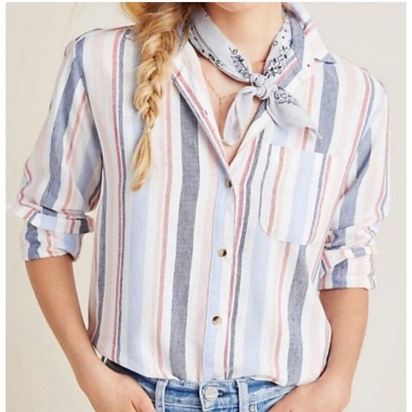 Maeve Anthropolgie Linen Stripe Button Up Long Sleeve Women Small Preppy Coastal - Picture 1 of 9